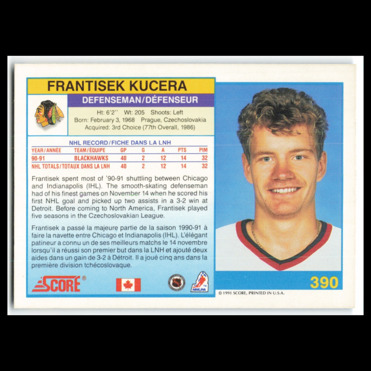 Frantisek Kucera #390 1991 Score Canadian Chicago Blackhawks Hockey Card NHL NM