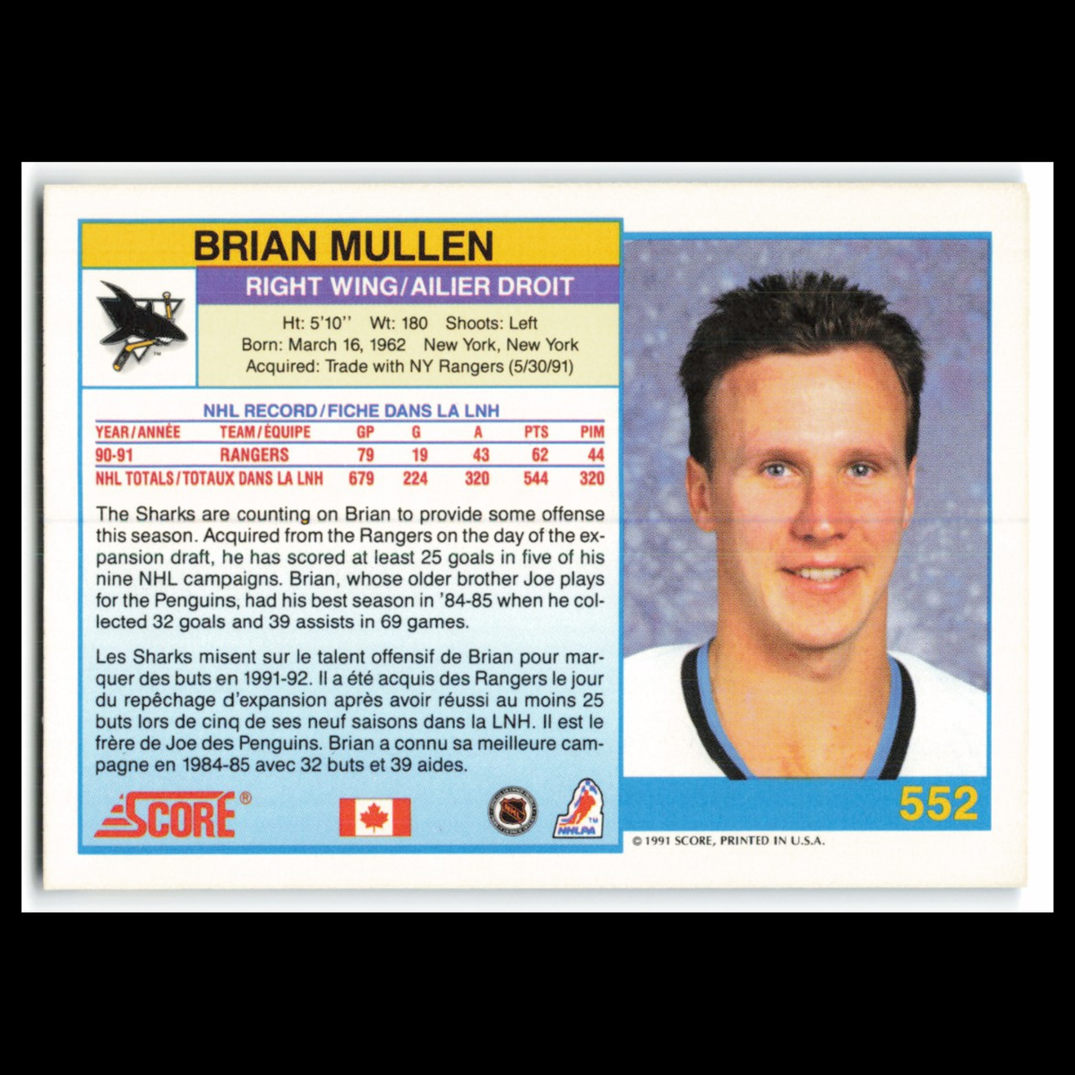 Brian Mullen #552 1991 Score Canadian San Jose Sharks Hockey Card NHL NM