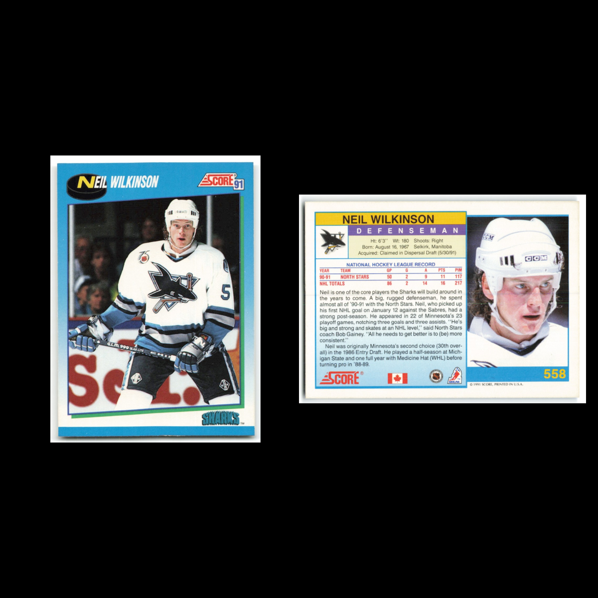 Neil Wilkinson #558 1991 Score Canadian San Jose Sharks Hockey Card NHL NM