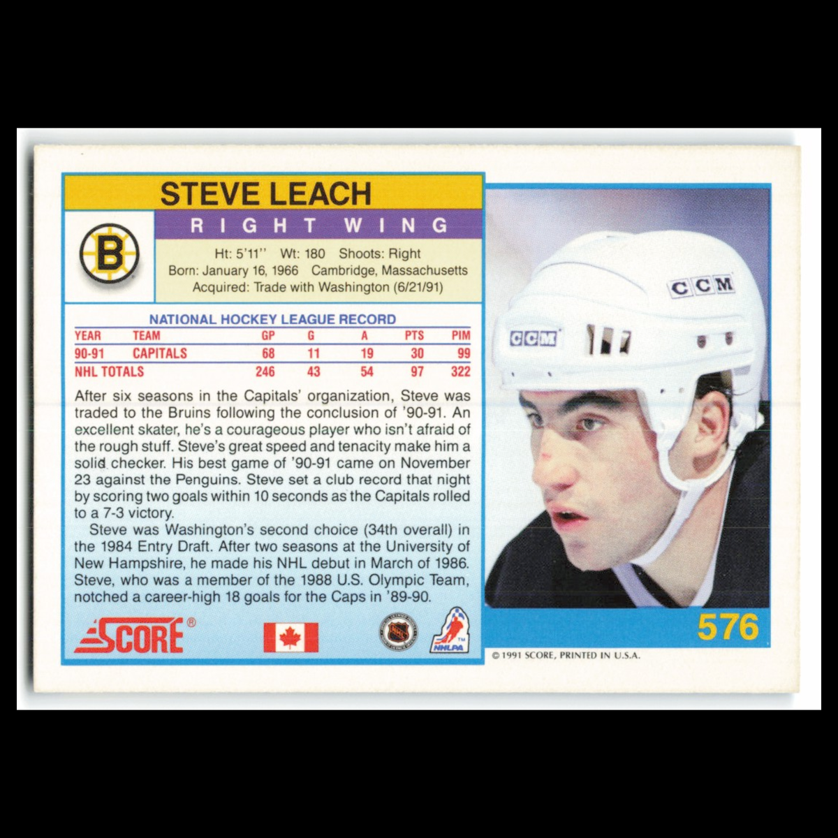 Steve Leach #576 1991 Score Canadian Boston Bruins Hockey Card NHL NM