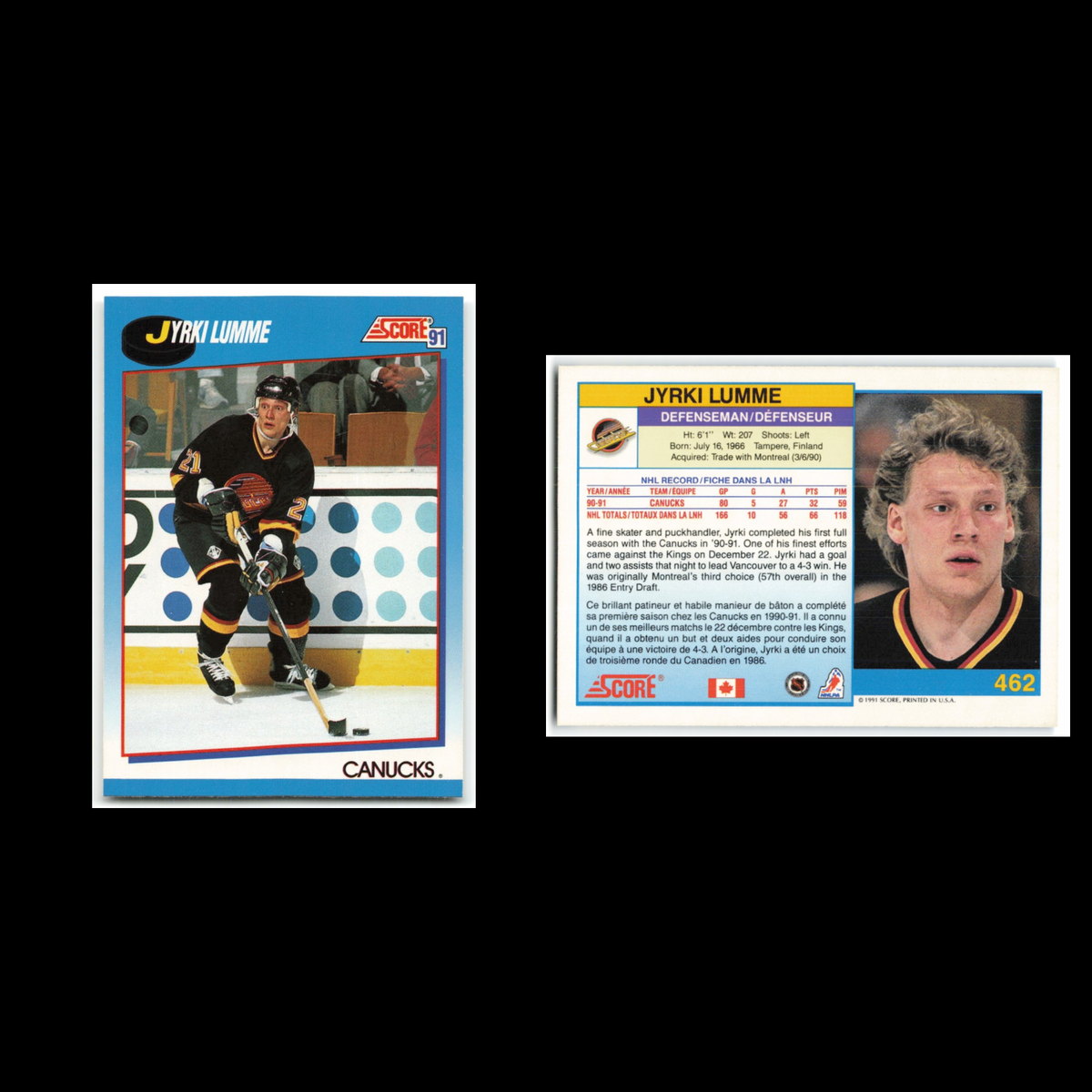 Jyrki Lumme #462 1991 Score Canadian Vancouver Canucks Hockey Card NHL NM