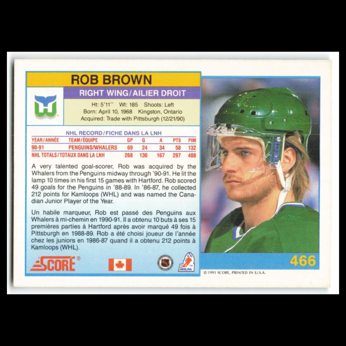 Rob Brown #466 1991 Score Canadian Hartford Whalers Hockey Card NHL NM