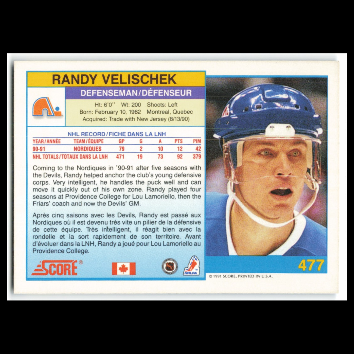 Randy Velischek #477 1991 Score Canadian Quebec Nordiques Hockey Card NHL NM