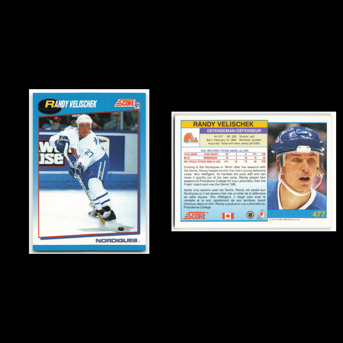 Randy Velischek #477 1991 Score Canadian Quebec Nordiques Hockey Card NHL NM