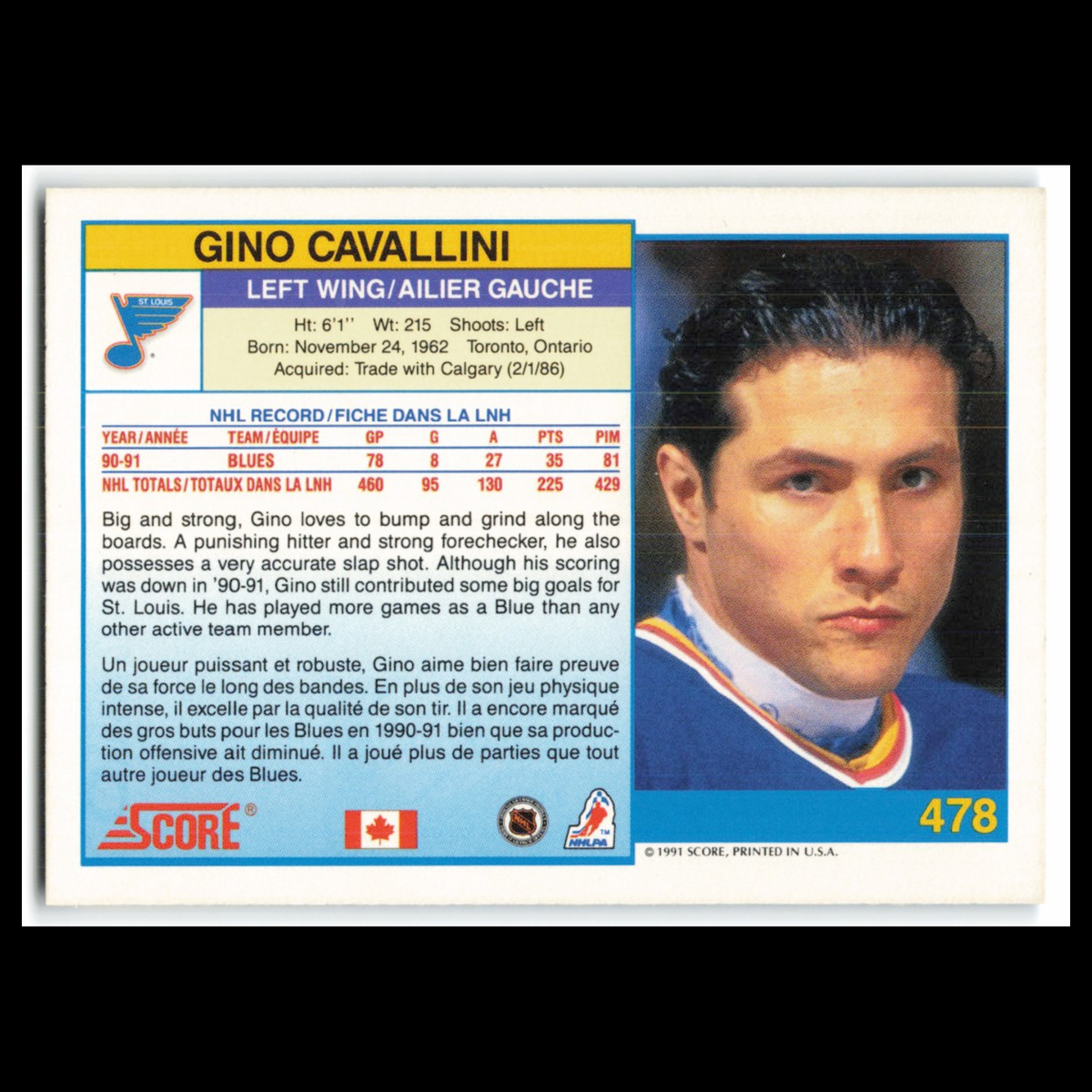 Gino Cavallini #478 1991 Score Canadian St. Louis Blues Hockey Card NHL NM