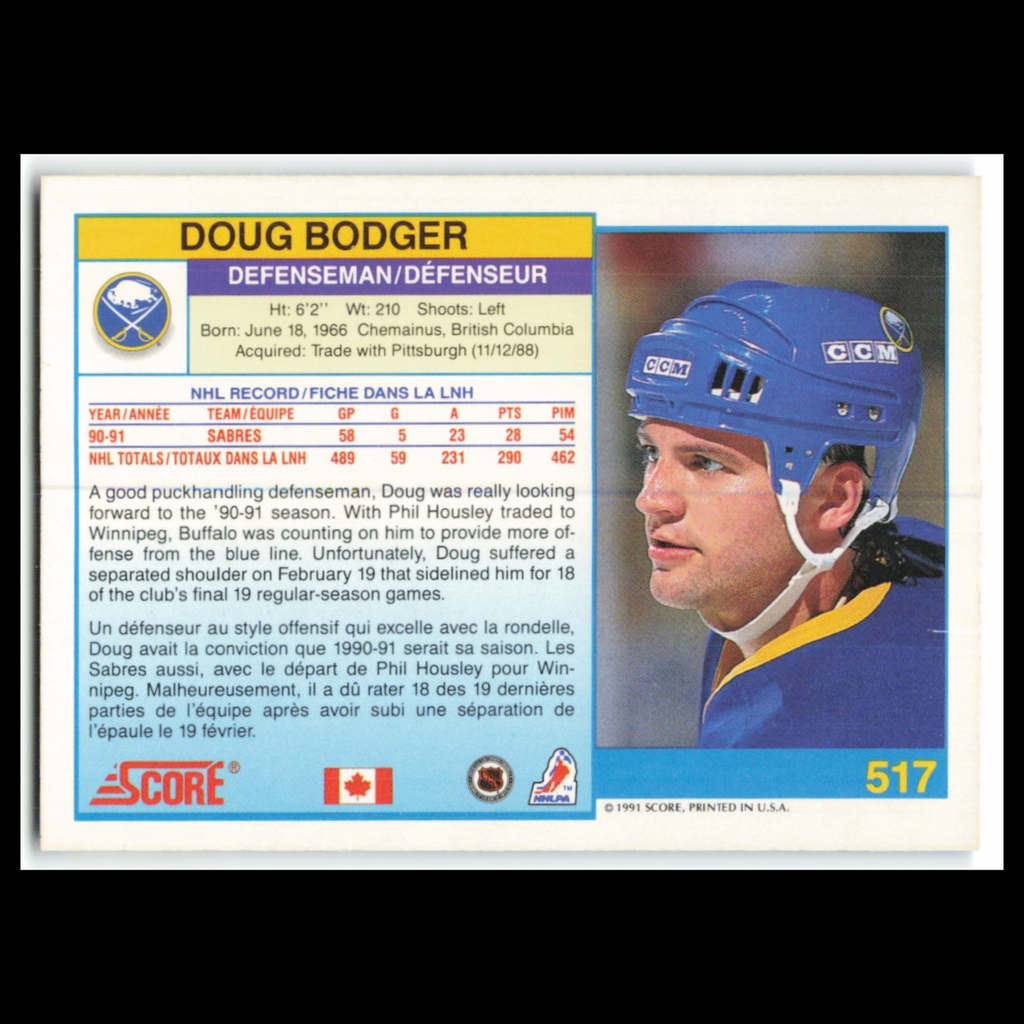 Doug Bodger #517 1991 Score Canadian Buffalo Sabres Hockey Card NHL NM
