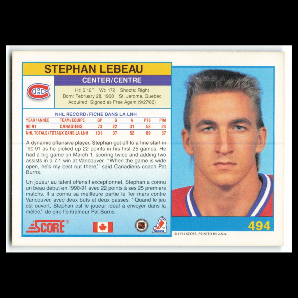 Stephan Lebeau #494 1991 Score Canadian Montreal Canadiens Hockey Card NHL NM