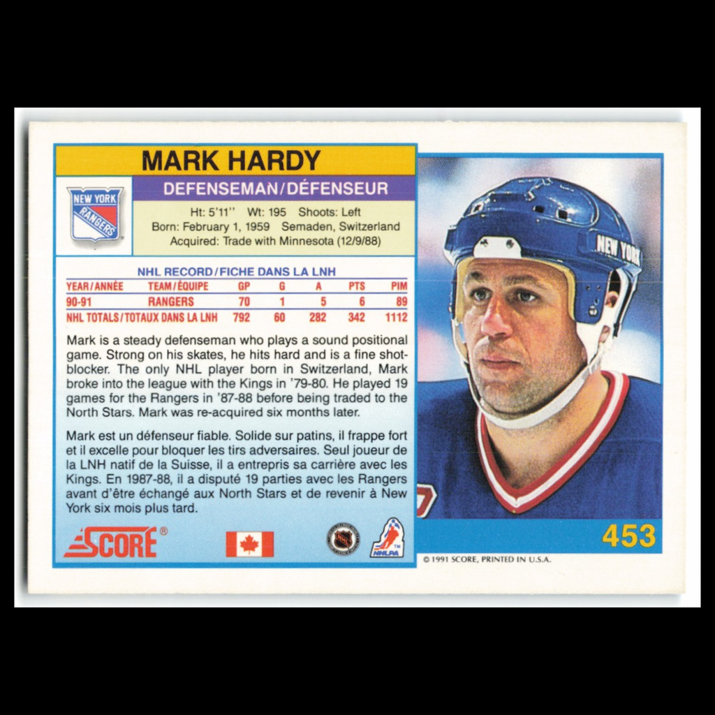 Mark Hardy #453 1991 Score Canadian New York Rangers Hockey Card NHL NM