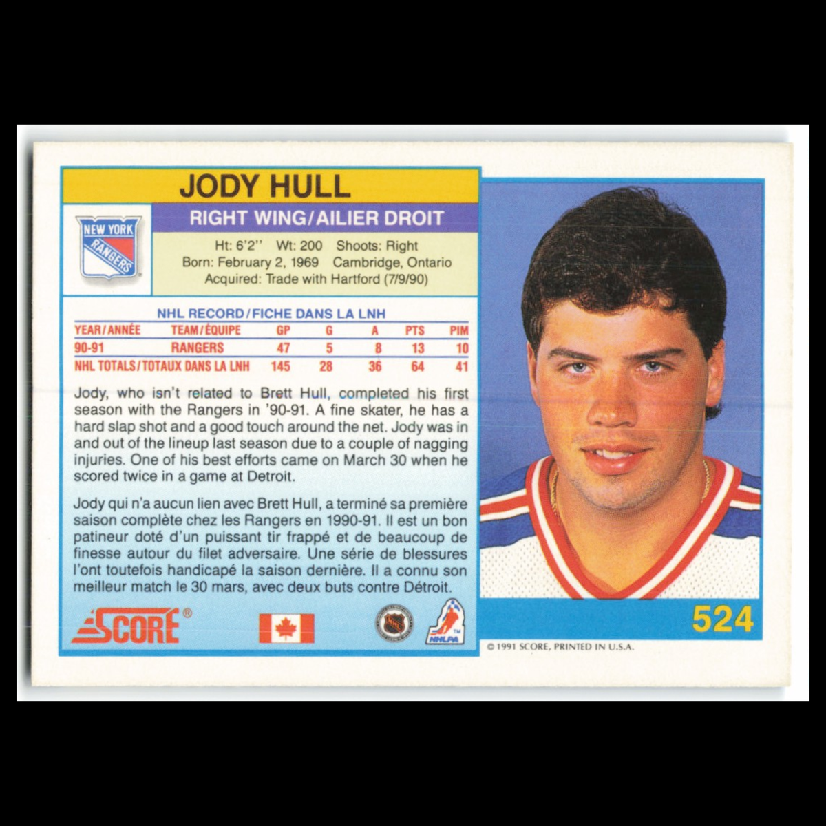 Jody Hull #524 1991 Score Canadian New York Rangers Hockey Card NHL NM