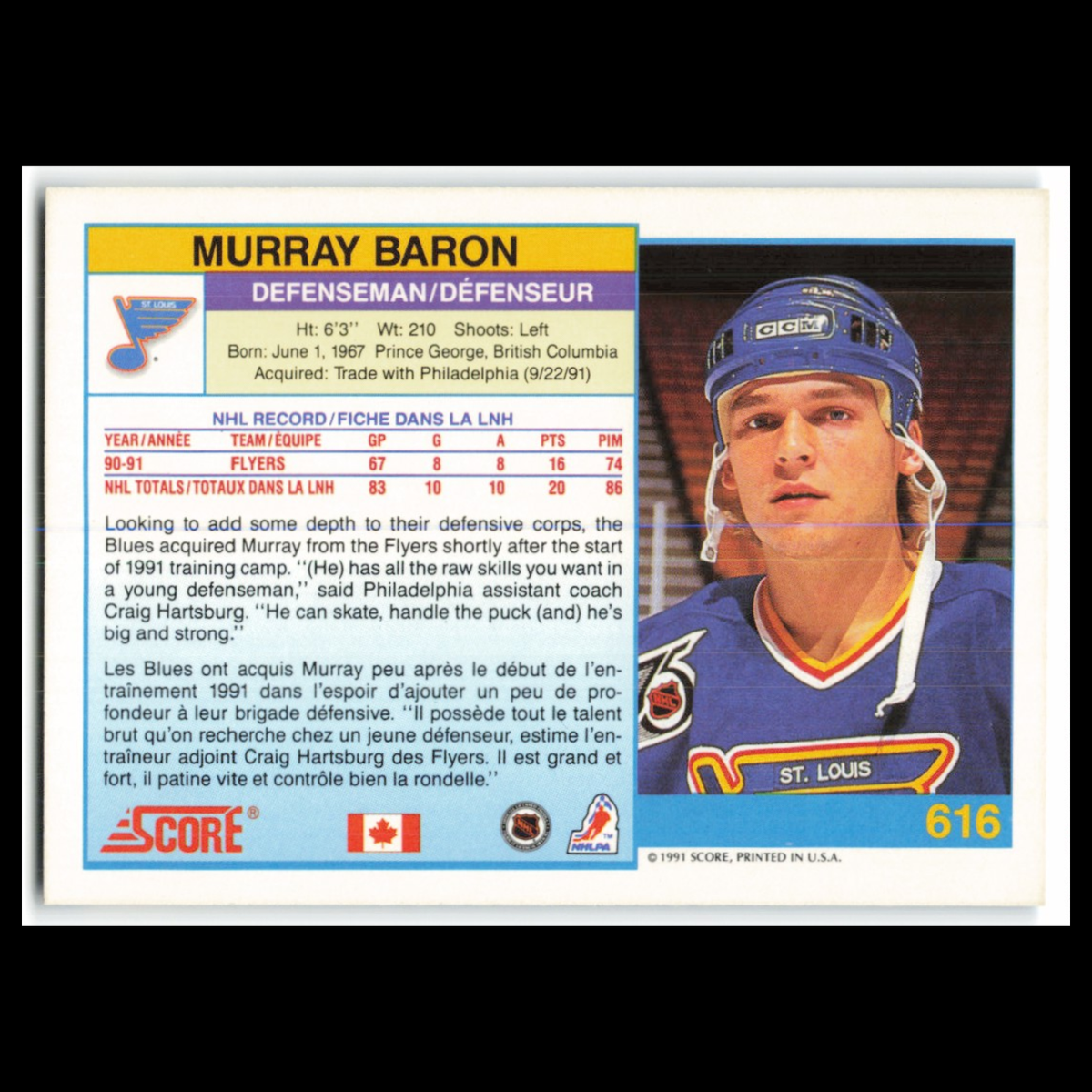 Murray Baron #616 1991 Score Canadian St. Louis Blues Hockey Card NHL NM