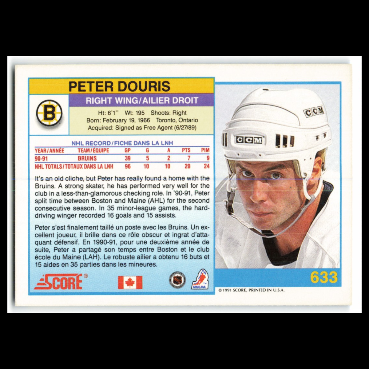 Peter Douris #633 1991 Score Canadian Boston Bruins Hockey Card NHL NM