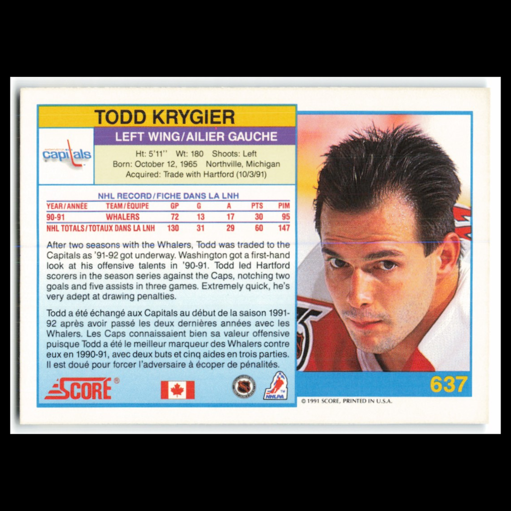 Todd Krygier #637 1991 Score Canadian Washington Capitals Hockey Card NHL NM