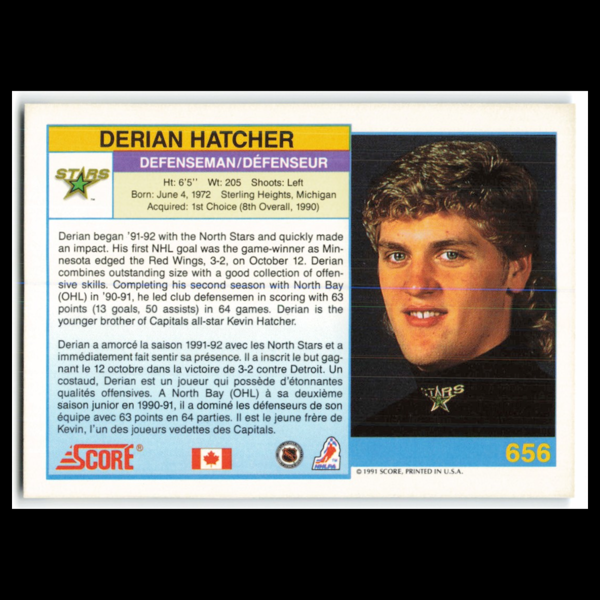 Derian Hatcher #656 1991 Score Canadian Minnesota North Stars Hockey Card NHL NM