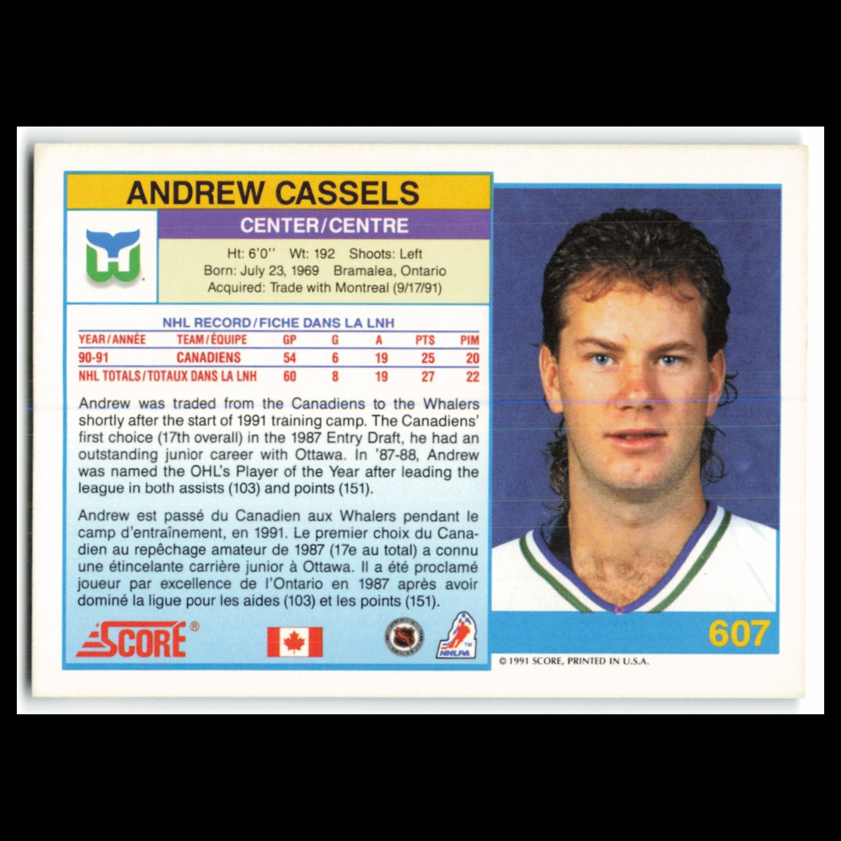 Andrew Cassels #607 1991 Score Canadian Hartford Whalers Hockey Card NHL NM