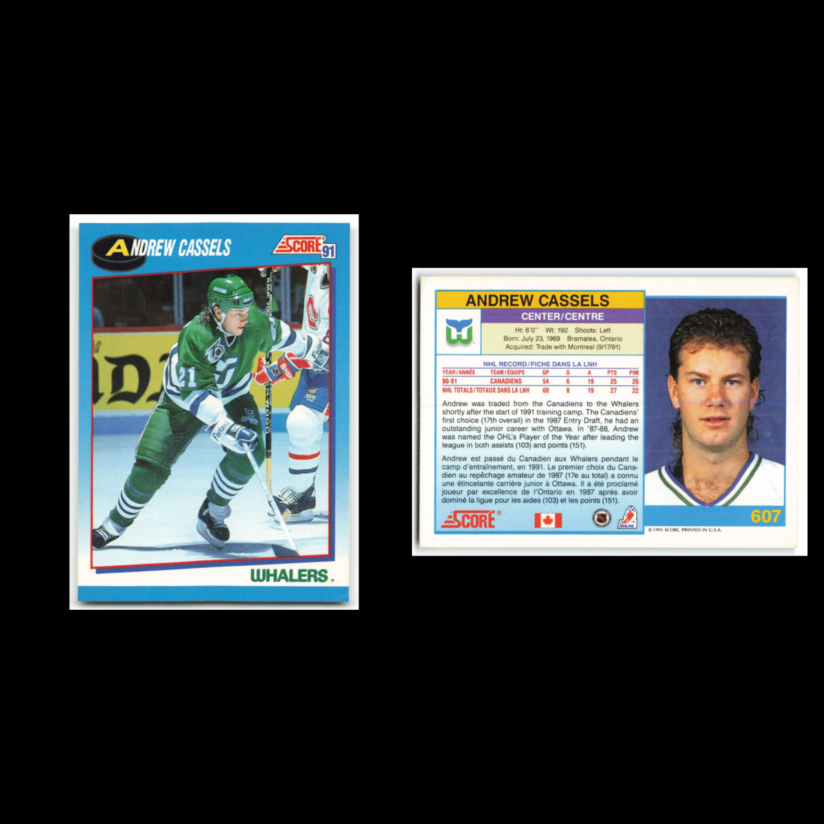 Andrew Cassels #607 1991 Score Canadian Hartford Whalers Hockey Card NHL NM