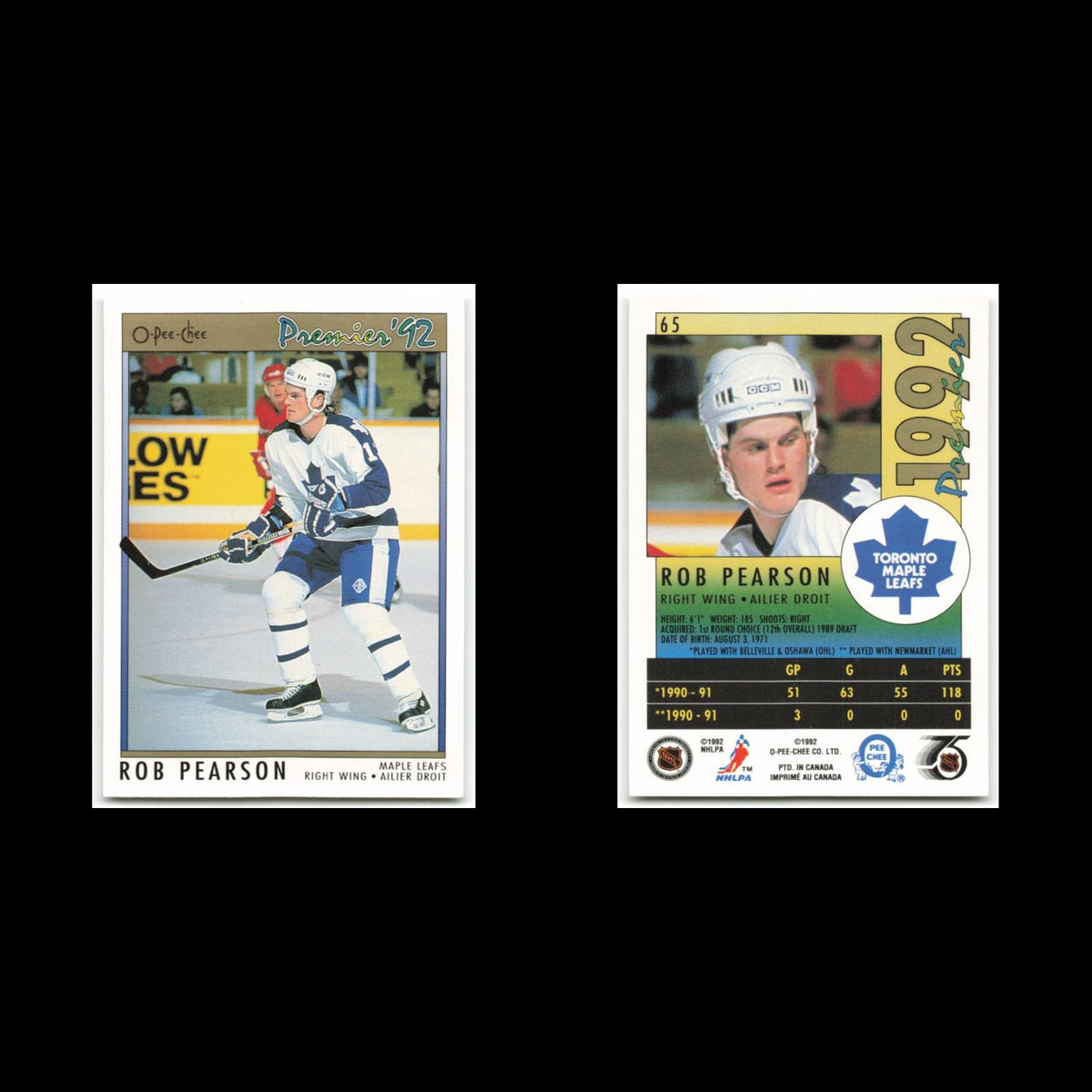 Rob Pearson #65 1992 O-Pee-Chee Premier Toronto Maple Leafs Hockey Card NHL NM