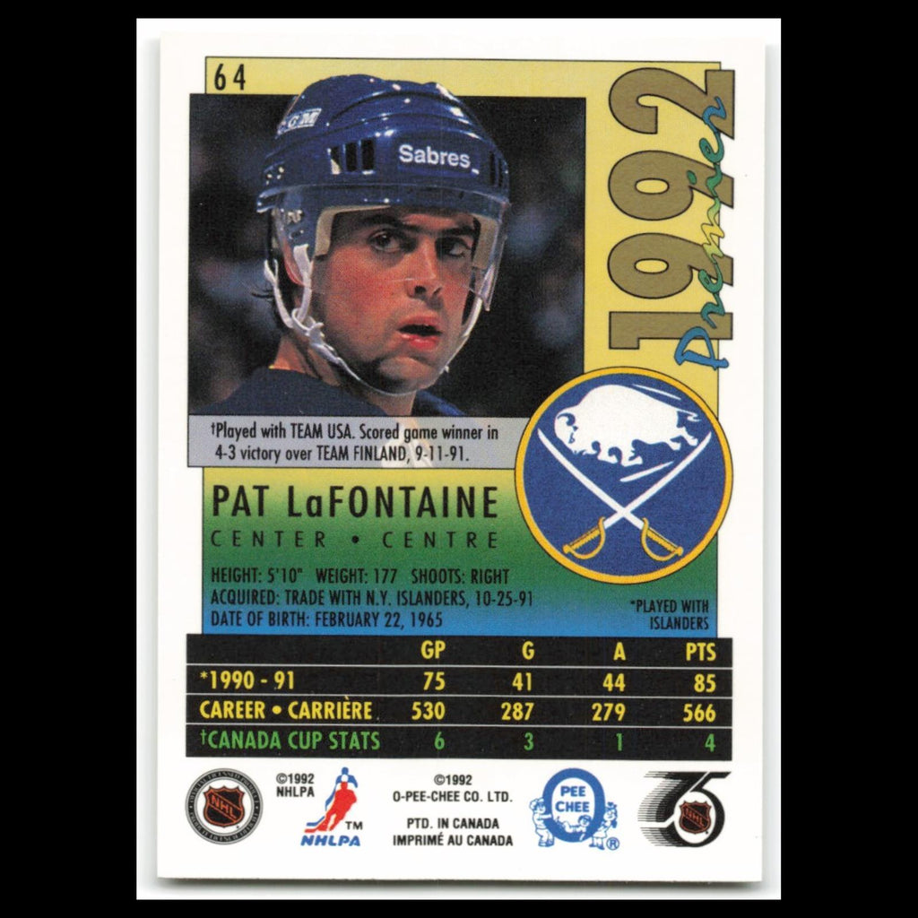 Pat LaFontaine #64 1992 O-Pee-Chee Premier Buffalo Sabres Hockey Card NHL NM