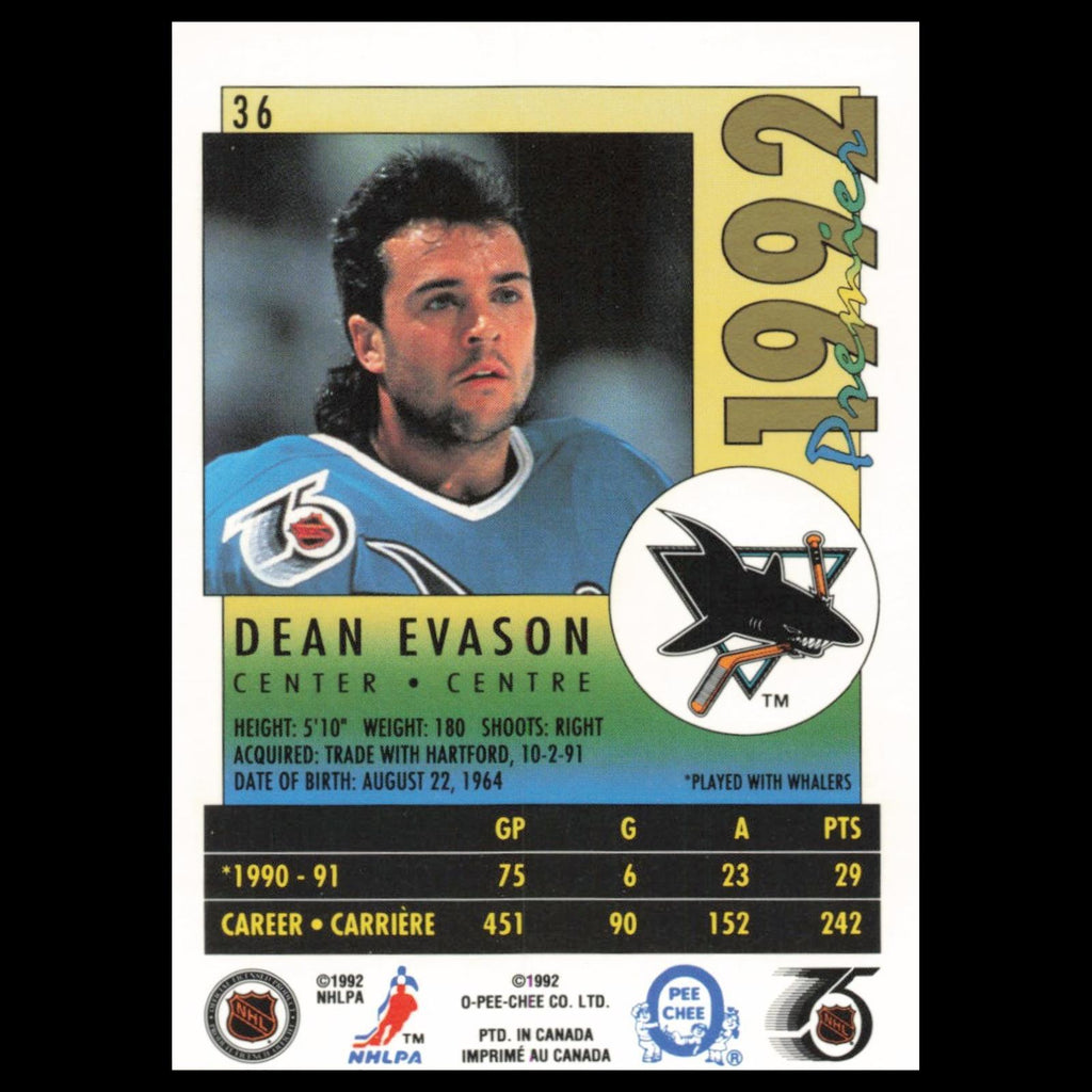Dean Evason #36 1992 O-Pee-Chee Premier San Jose Sharks Hockey Card NHL NM