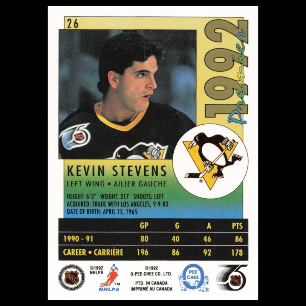 Kevin Stevens #26 1992 O-Pee-Chee Premier Pittsburgh Penguins Hockey Card NHL NM