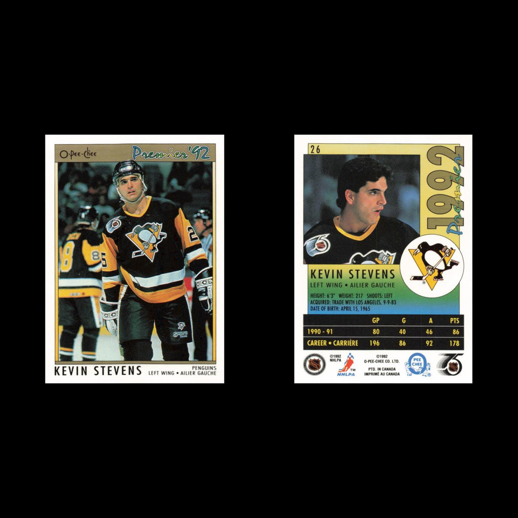 Kevin Stevens #26 1992 O-Pee-Chee Premier Pittsburgh Penguins Hockey Card NHL NM