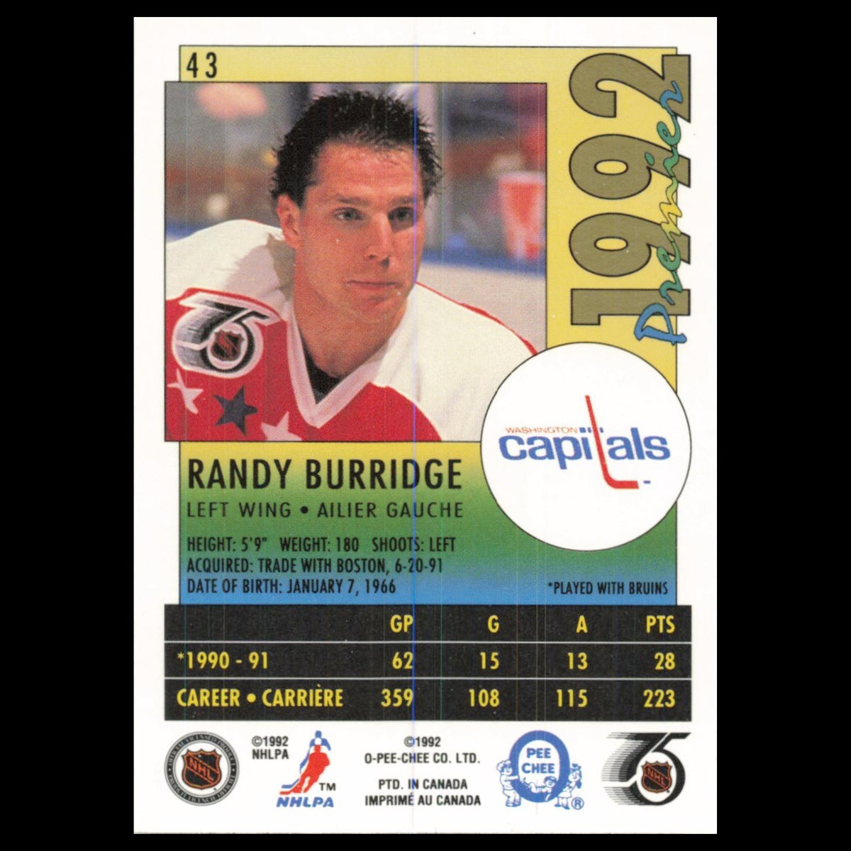 Randy Burridge #43 1992 O-Pee-Chee Premier Washington Capitals Hockey Card NHL