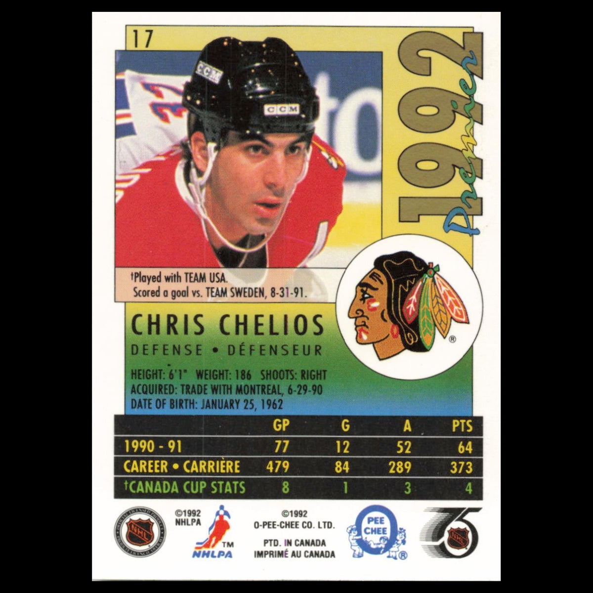 Chris Chelios #17 1992 O-Pee-Chee Premier Chicago Blackhawks Hockey Card NHL NM
