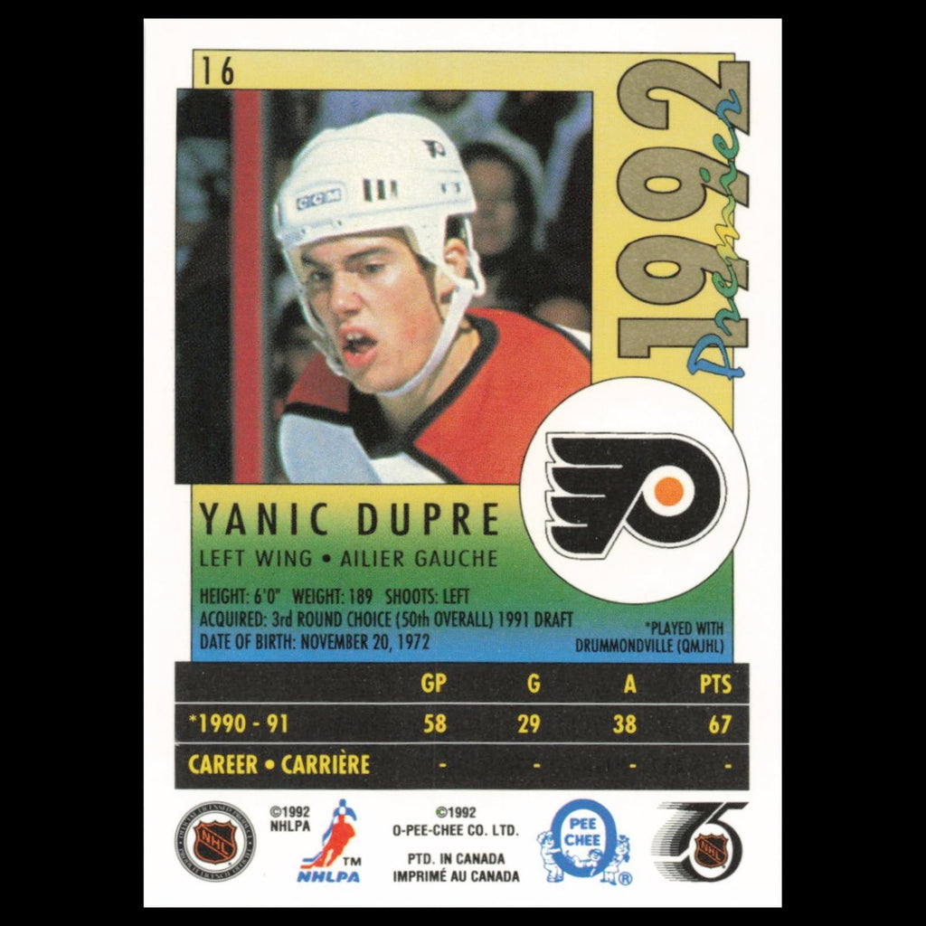 Yanick Dupre Rookie #16 1992 O-Pee-Chee Premier Philadelphia Flyers Hockey Card