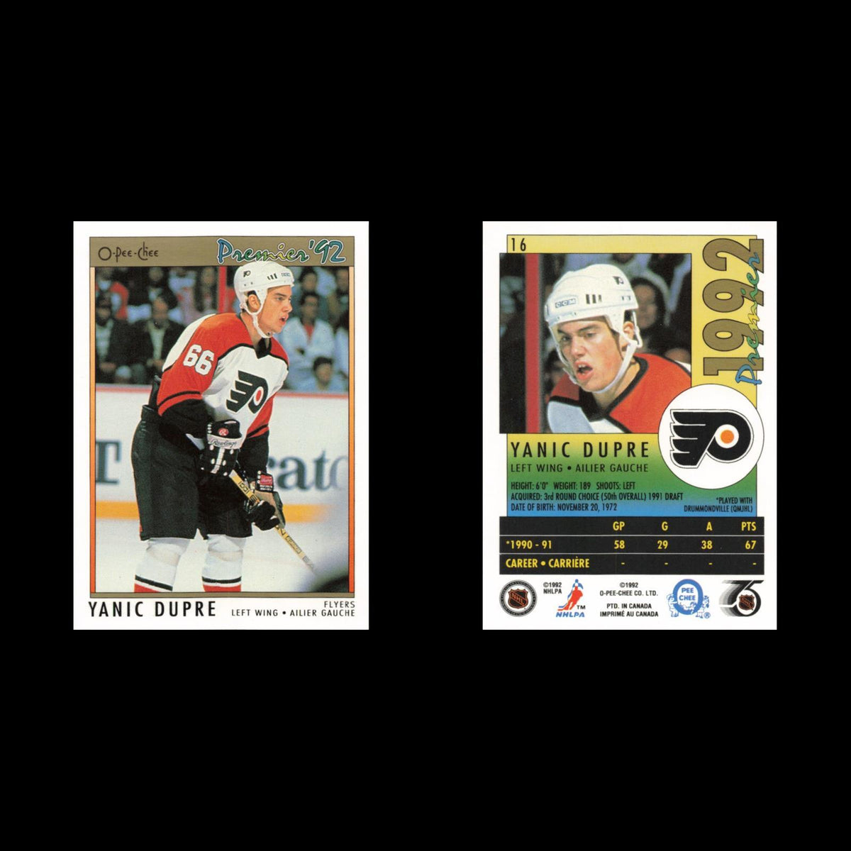 Yanick Dupre Rookie #16 1992 O-Pee-Chee Premier Philadelphia Flyers Hockey Card