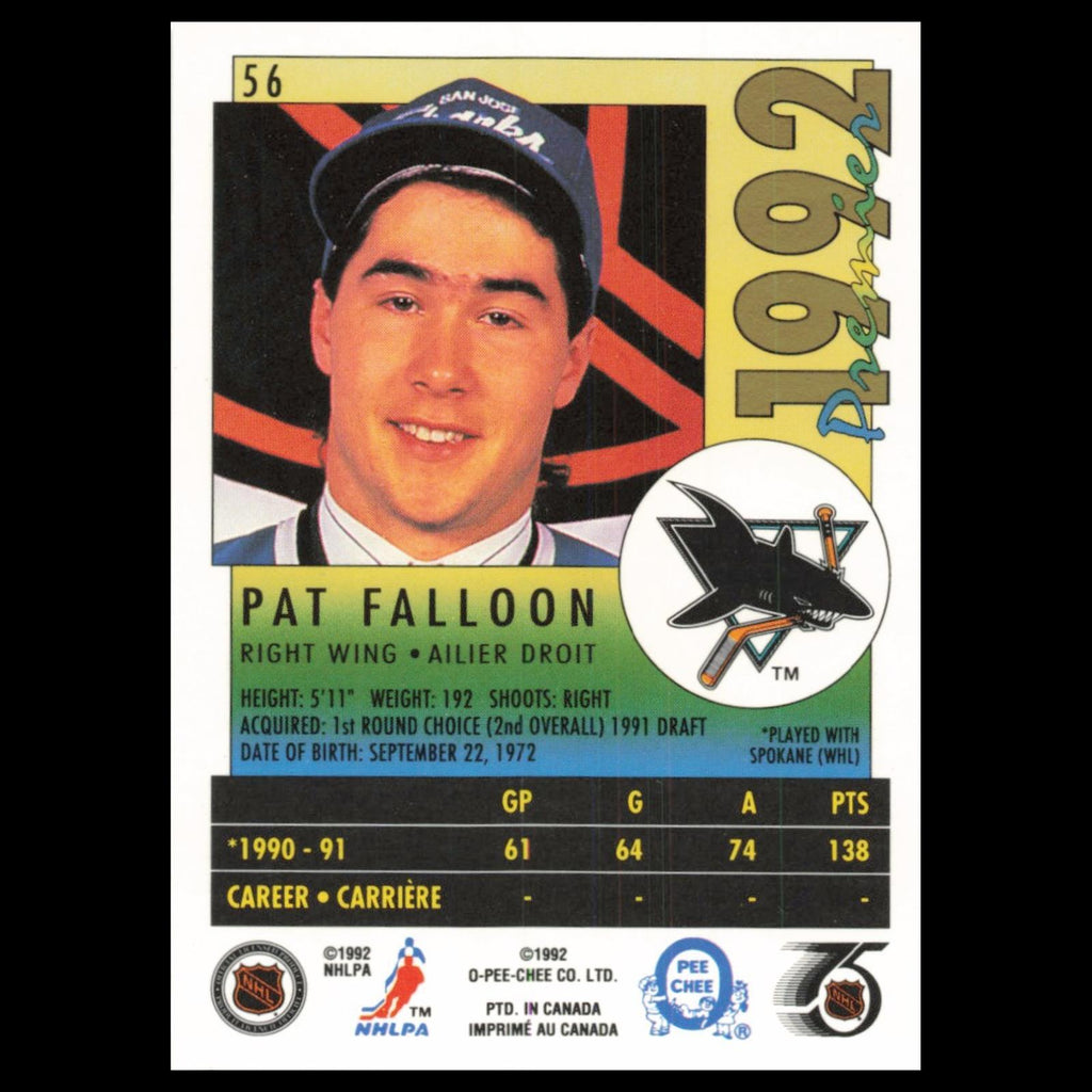 Pat Falloon #56 1992 O-Pee-Chee Premier San Jose Sharks Hockey Card NHL NM