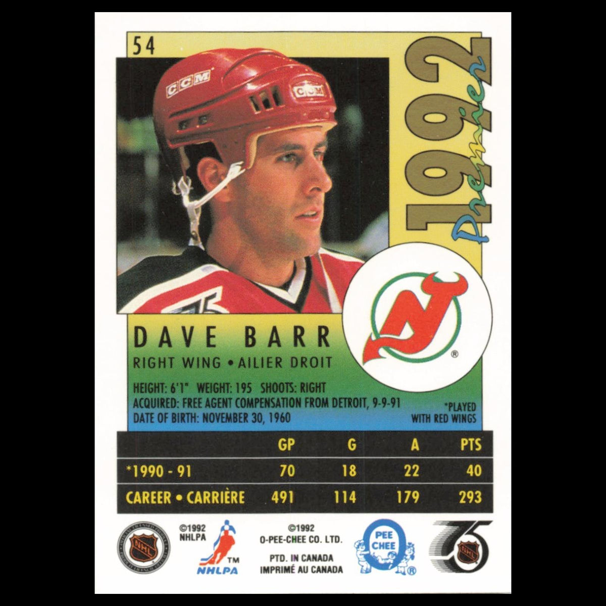 Dave Barr #54 1992 O-Pee-Chee Premier New Jersey Devils Hockey Card NHL NM