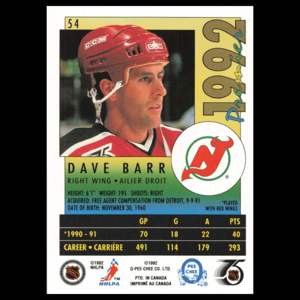 Dave Barr #54 1992 O-Pee-Chee Premier New Jersey Devils Hockey Card NHL NM