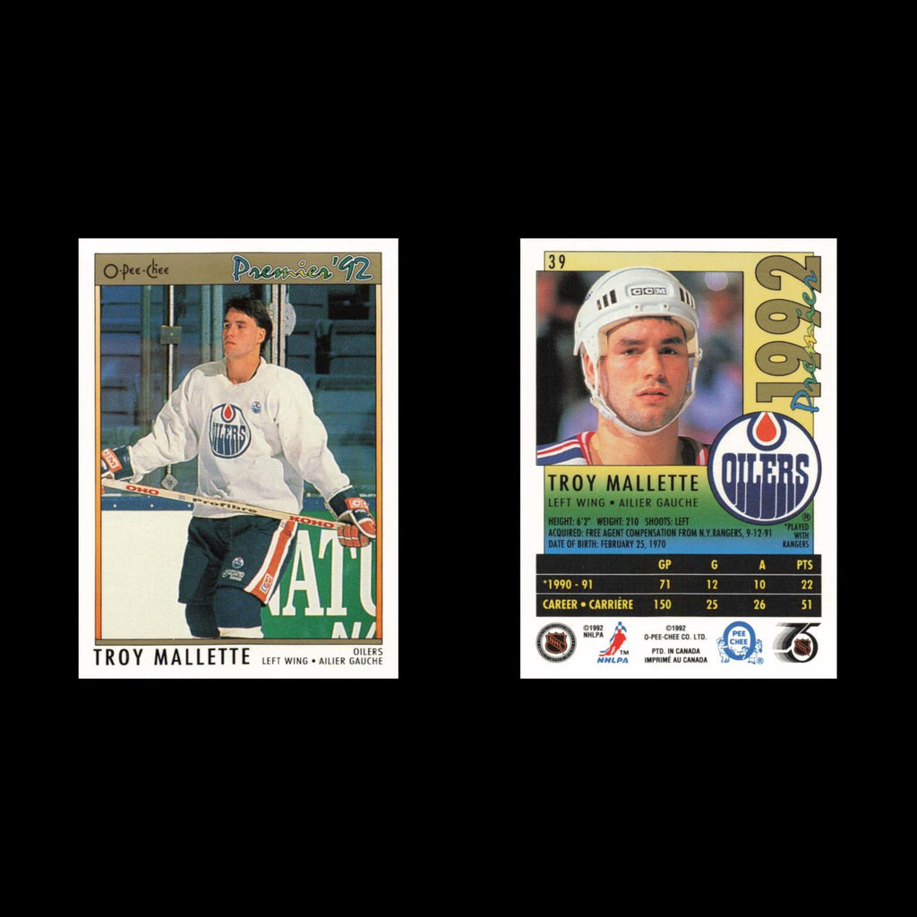 Troy Mallette #39 1992 O-Pee-Chee Premier Edmonton Oilers Hockey Card NHL NM