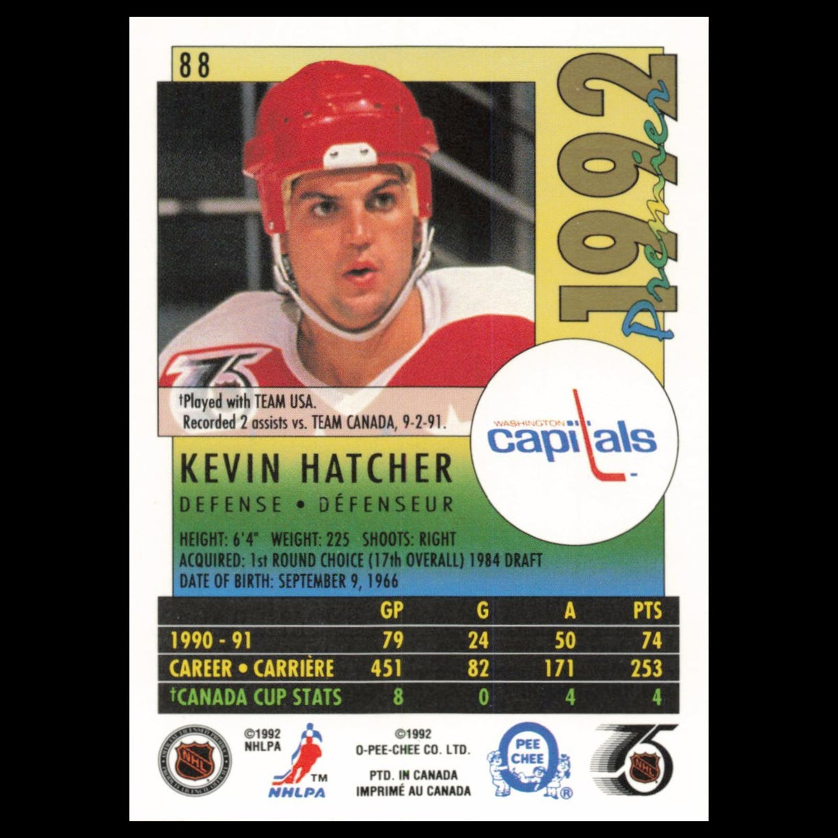 Kevin Hatcher #145 1992 O-Pee-Chee Premier Washington Capitals Hockey Card NHL