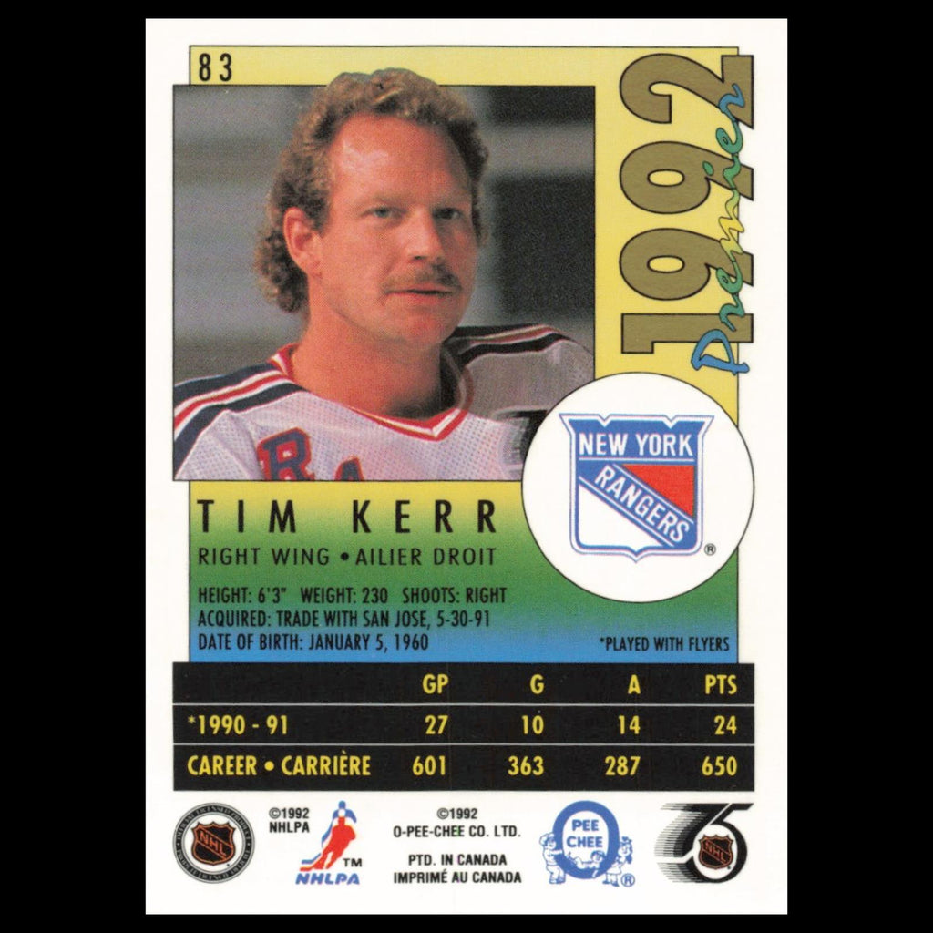 Tim Kerr #83 1992 O-Pee-Chee Premier New York Rangers Hockey Card NHL NM