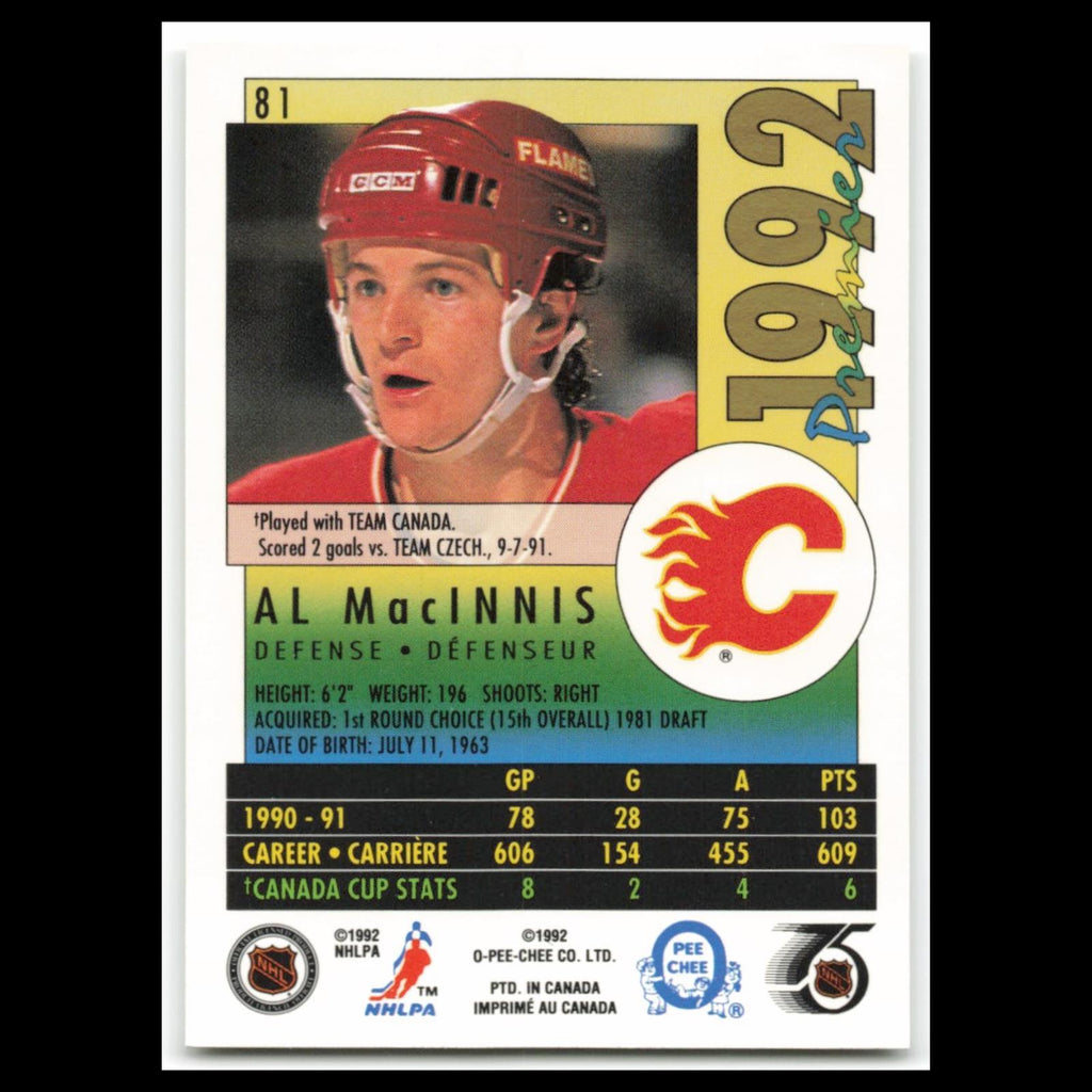 Al MacInnis #81 1992 O-Pee-Chee Premier Calgary Flames Hockey Card NHL NM