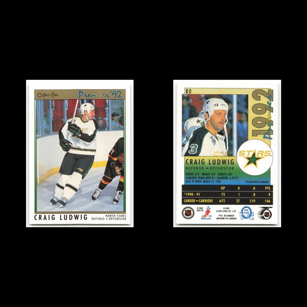 Craig Ludwig #80 1992 O-Pee-Chee Premier Minnesota North Stars Hockey Card NHL
