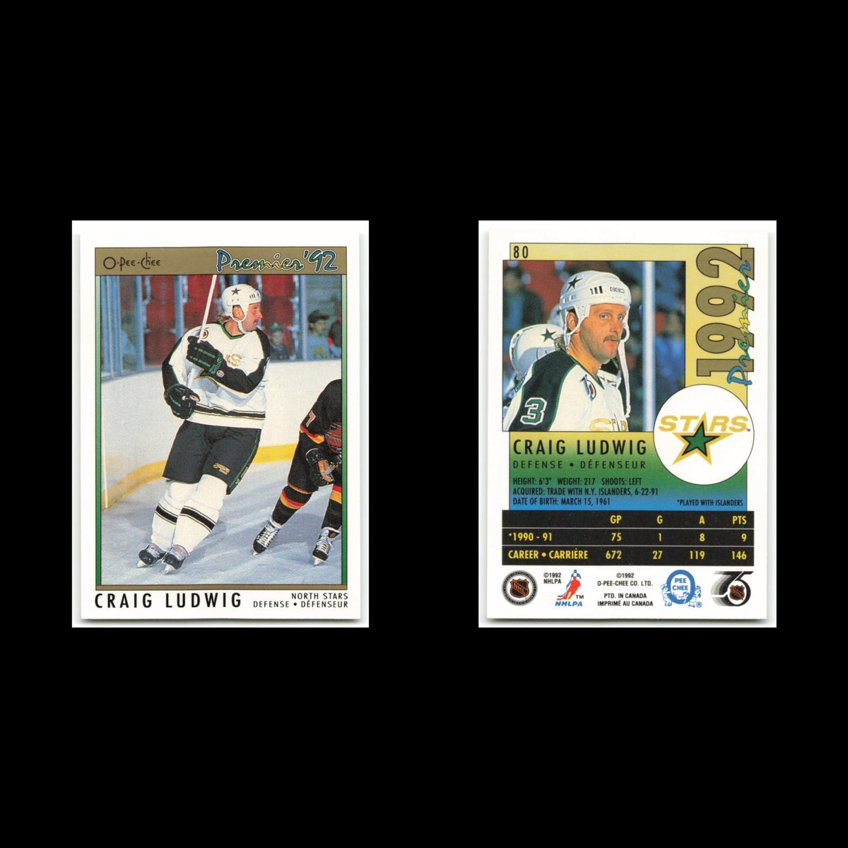 Craig Ludwig #80 1992 O-Pee-Chee Premier Minnesota North Stars Hockey Card NHL