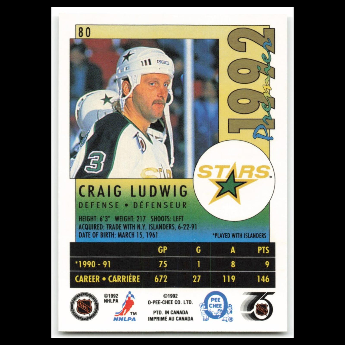 Craig Ludwig #80 1992 O-Pee-Chee Premier Minnesota North Stars Hockey Card NHL