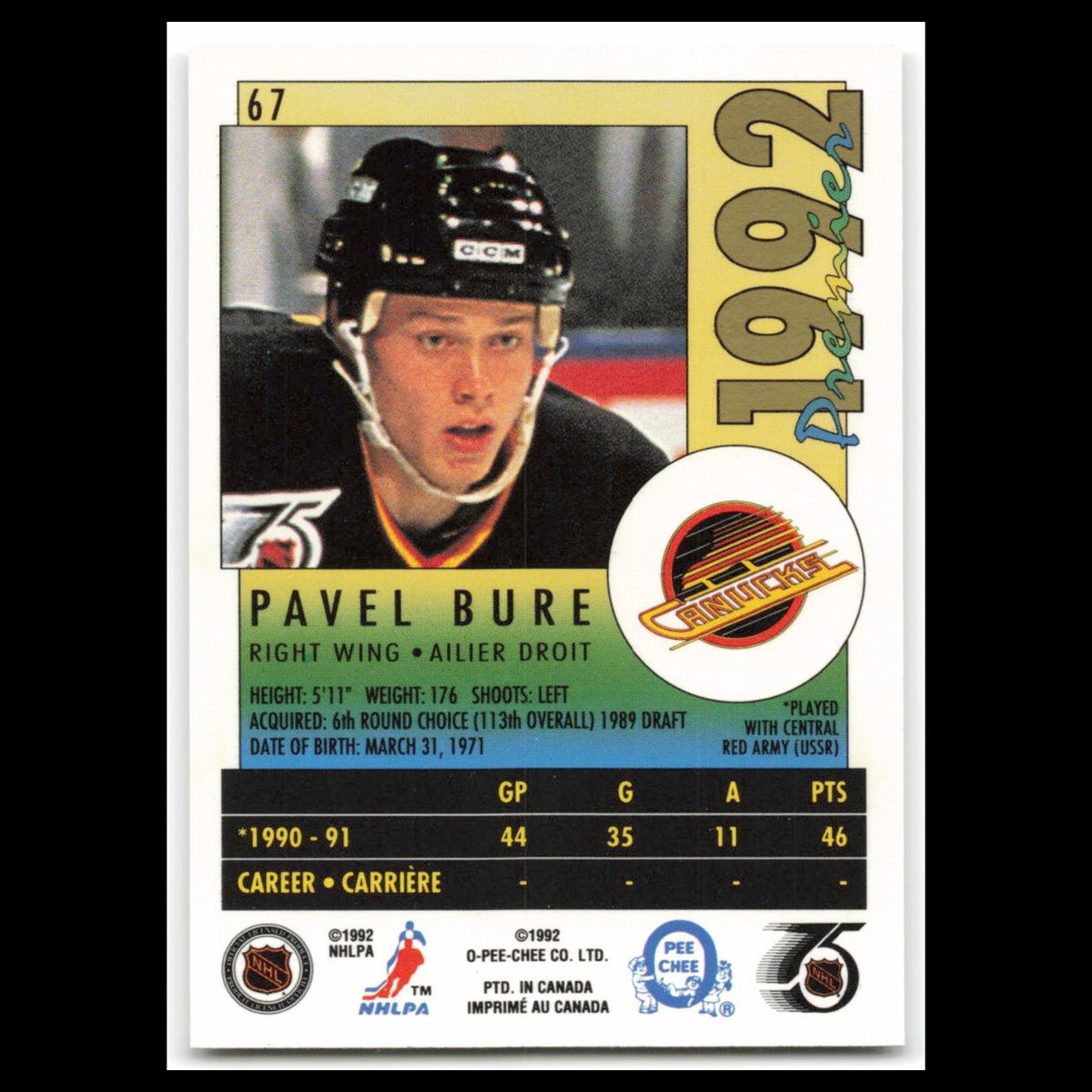 Pavel Bure #67 1992 O-Pee-Chee Premier Vancouver Canucks Hockey Card NHL NM