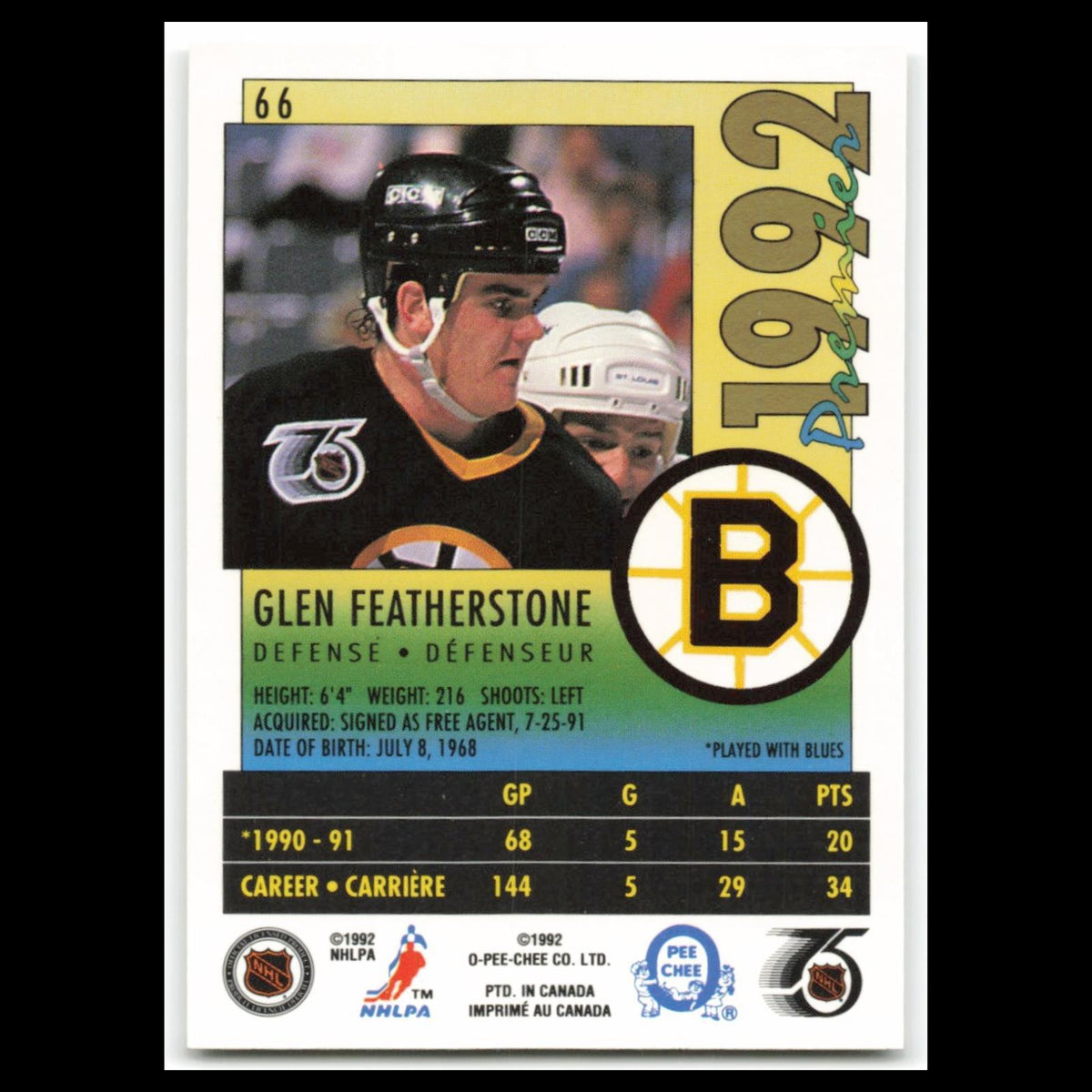 Glen Featherstone #66 1992 O-Pee-Chee Premier Boston Bruins Hockey Card NHL NM