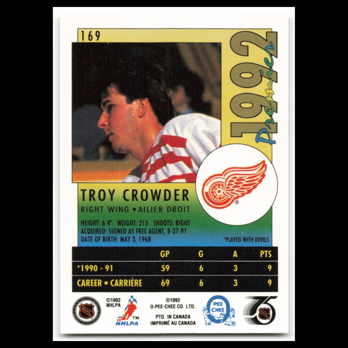 Troy Crowder #169 1992 O-Pee-Chee Premier Detroit Red Wings Hockey Card NHL NM