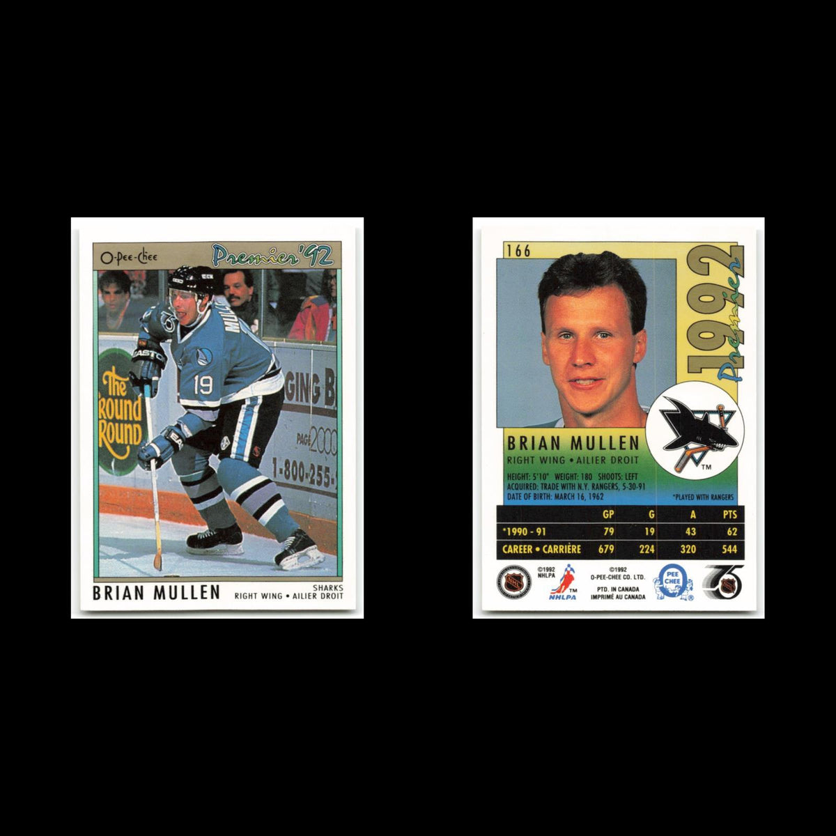 Brian Mullen #166 1992 O-Pee-Chee Premier San Jose Sharks Hockey Card NHL NM