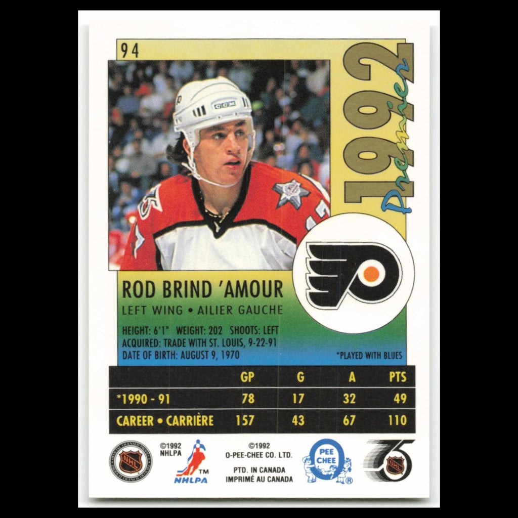 Rod BrindAmour #94 1992 O-Pee-Chee Premier Philadelphia Flyers Hockey Card NHL