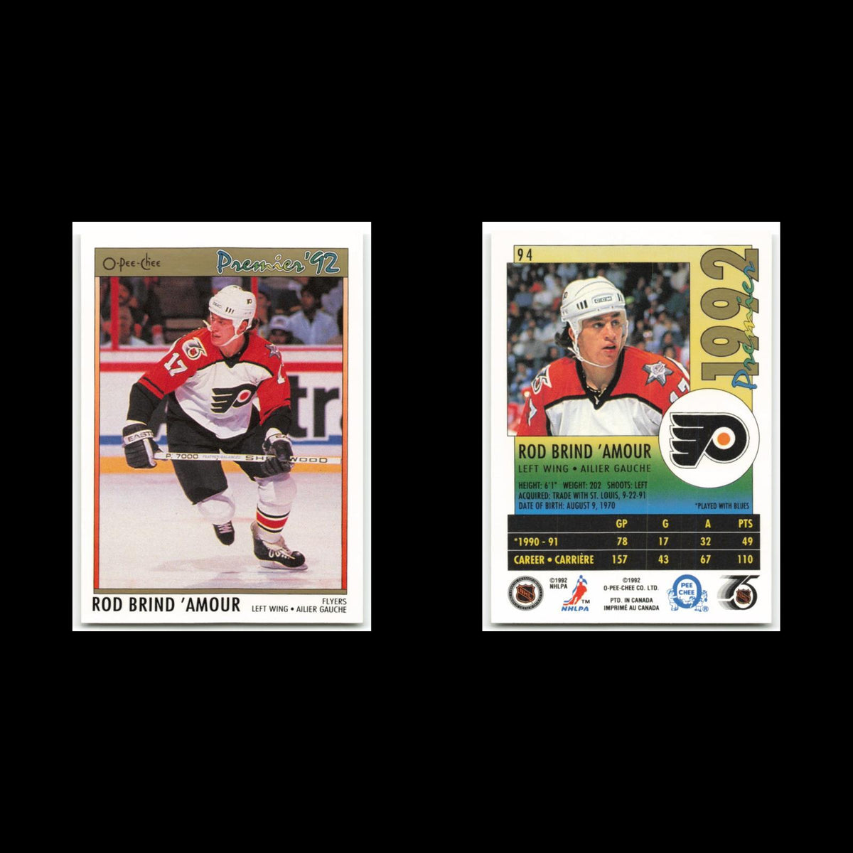 Rod BrindAmour #94 1992 O-Pee-Chee Premier Philadelphia Flyers Hockey Card NHL