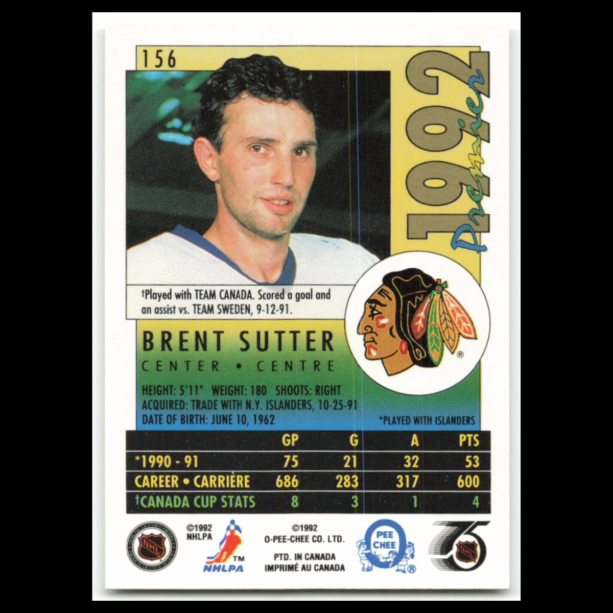 Brent Sutter #156 1992 O-Pee-Chee Premier Chicago Blackhawks Hockey Card NHL NM