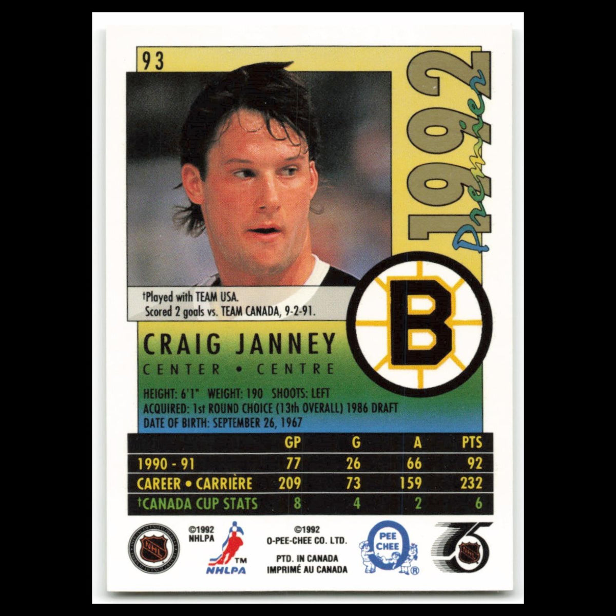 Craig Janney #93 1992 O-Pee-Chee Premier Boston Bruins Hockey Card NHL NM