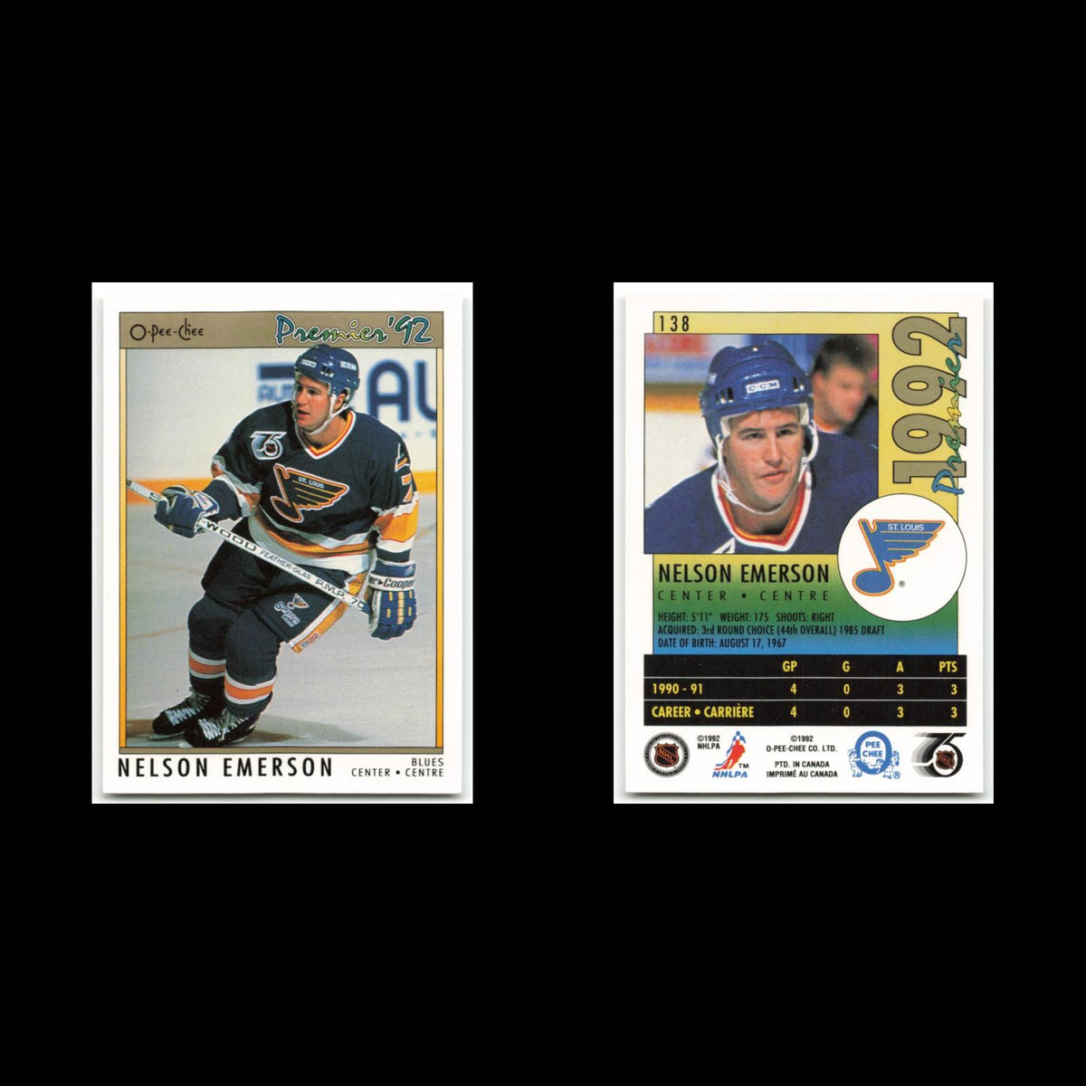 Nelson Emerson #138 1992 O-Pee-Chee Premier St. Louis Blues Hockey Card NHL NM