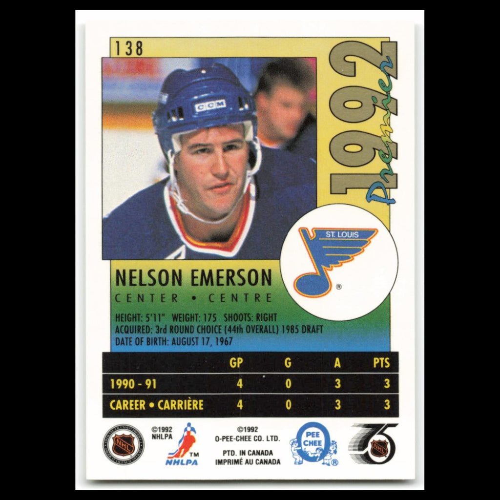 Nelson Emerson #138 1992 O-Pee-Chee Premier St. Louis Blues Hockey Card NHL NM
