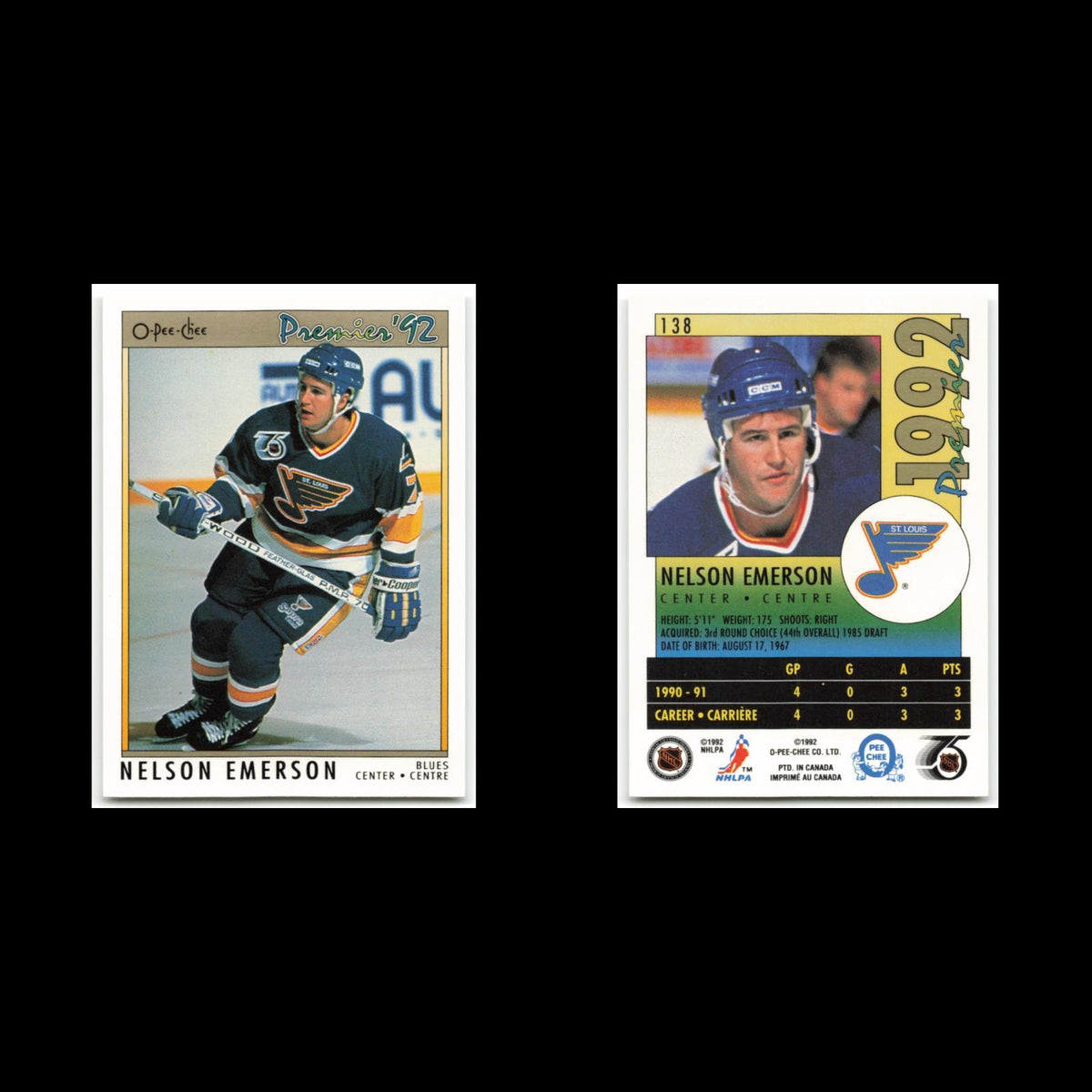 Nelson Emerson #138 1992 O-Pee-Chee Premier St. Louis Blues Hockey Card NHL NM