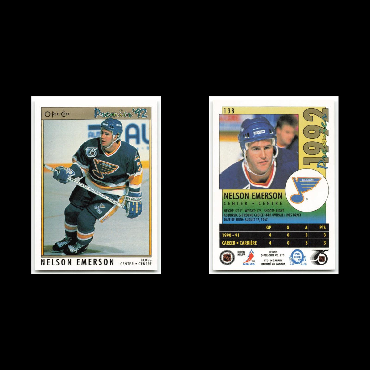 Nelson Emerson #138 1992 O-Pee-Chee Premier St. Louis Blues Hockey Card NHL NM